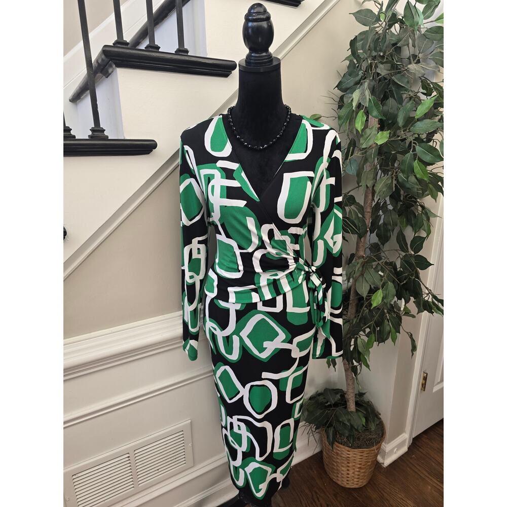 Cato Midi Dress M Multi Geometric Chain Tie Waist Wrap V-Neck Party/Cocktail